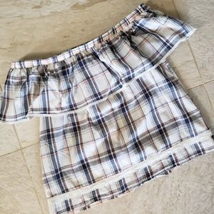 Off the shoulder ruffle plaid top